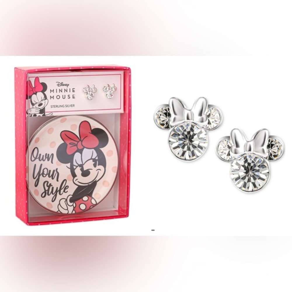 NIB Disney Minnie Mouse Crystal Stud Earrings in Sterling Silver Trinket Dish‎